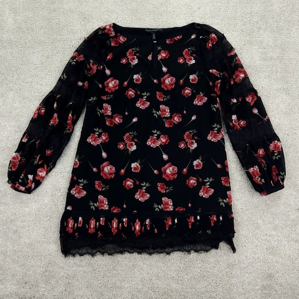 White House Black Market Shift Dress Womens 10 Black Floral Chiffon Lace Accent